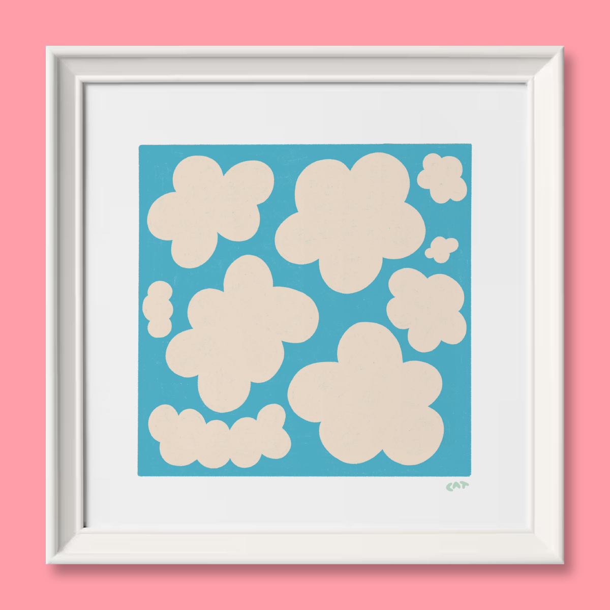 White framed print of a blue square with white cloud-like shapes on top.
