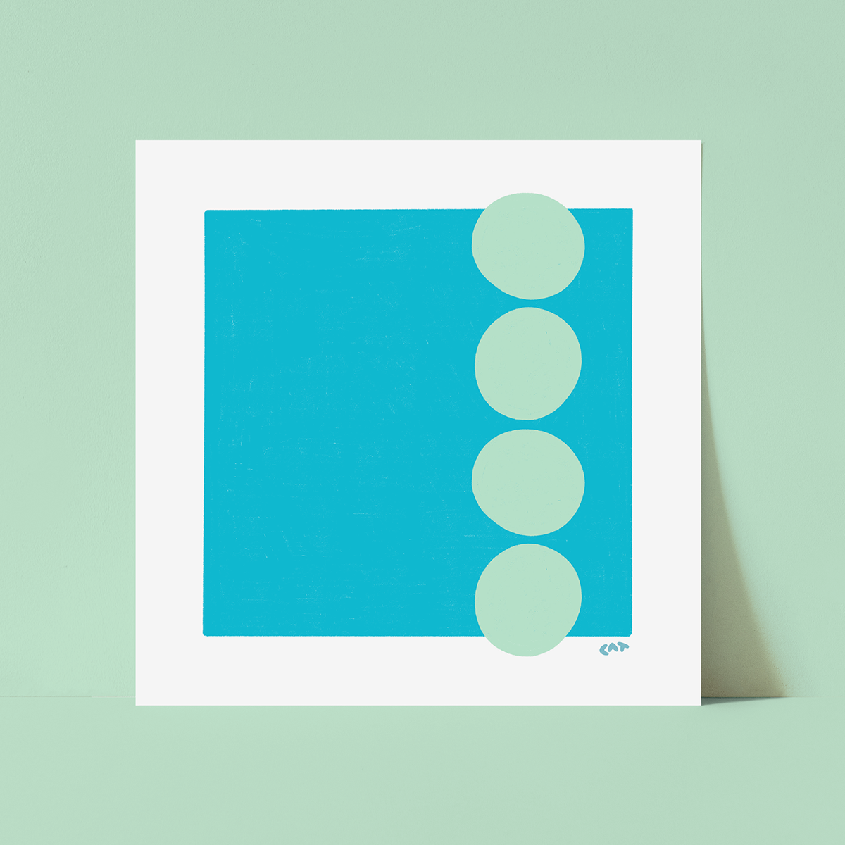 White unframed print of a medium blue square with four light blue circles lined up vertically on the right side of the medium blue square.