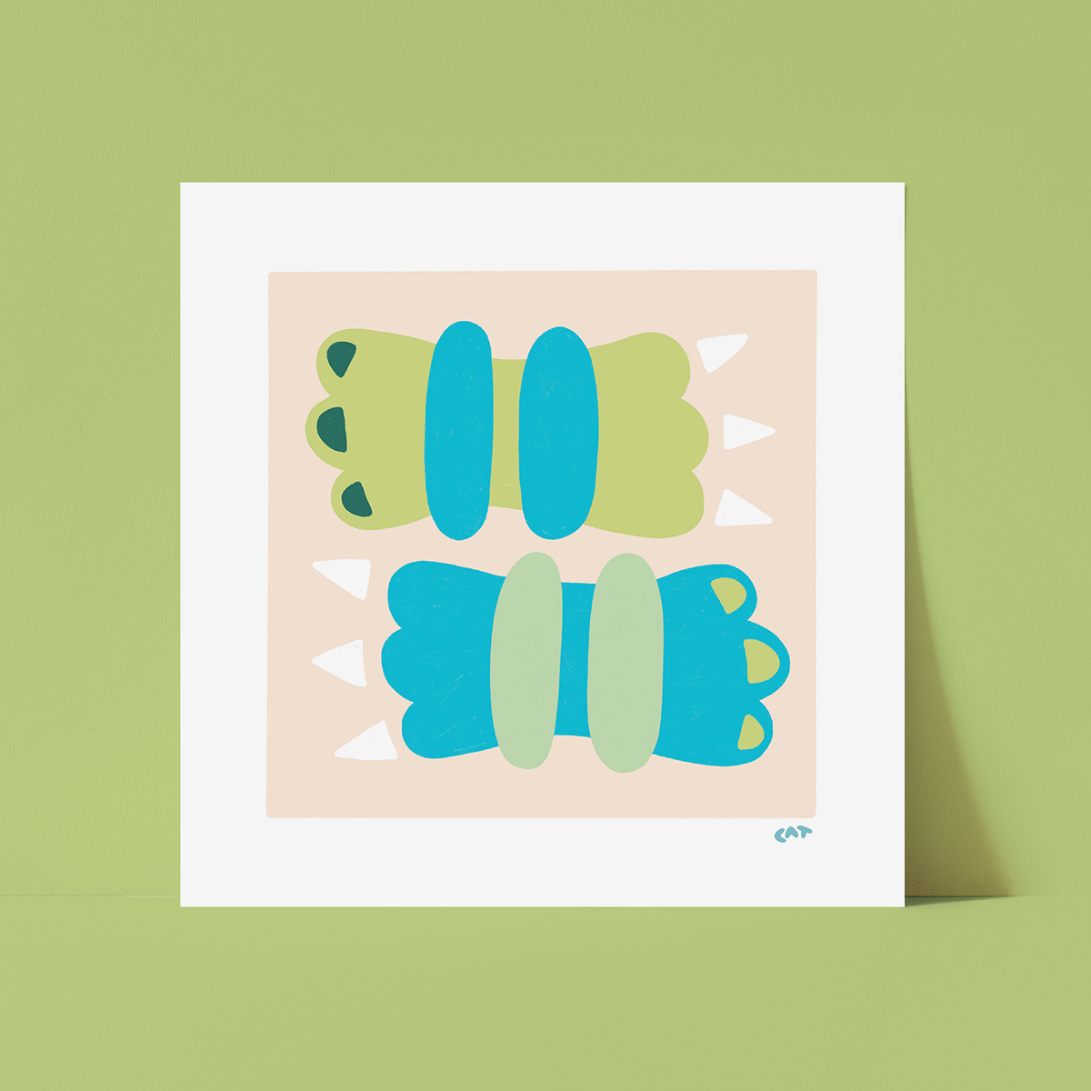 White unframed print of two claw like shapes in shades of green and blue. Each claw like shape has pointed white toenails and all the shapes sit on top of a beige square.