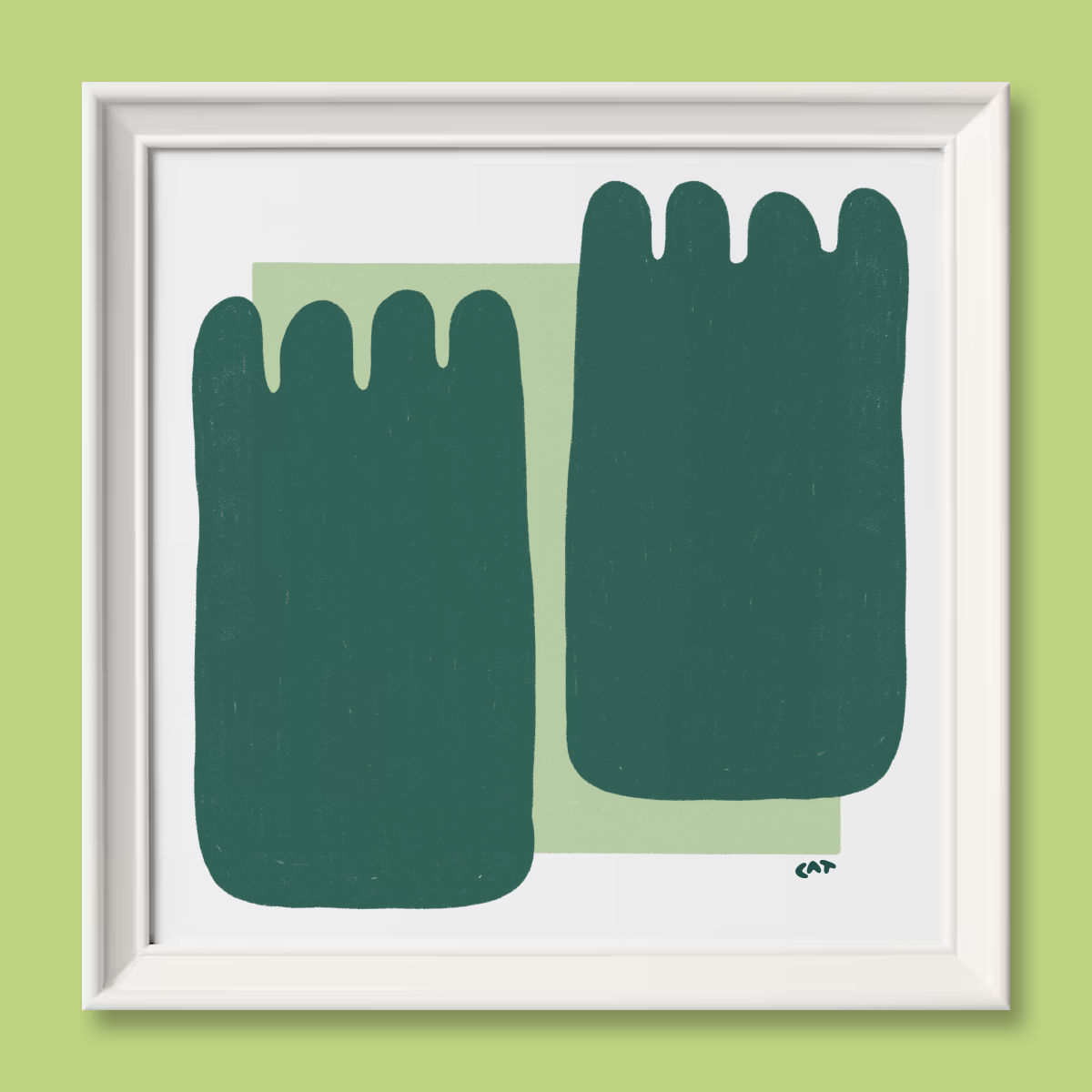 White framed print of a mint square with two dark green squid or feet shapes on top.