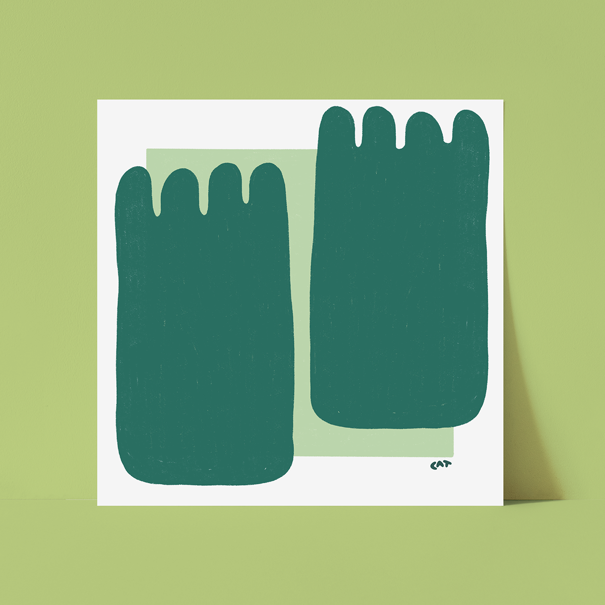 Unframed print of two squid like shapes on a mint green square.