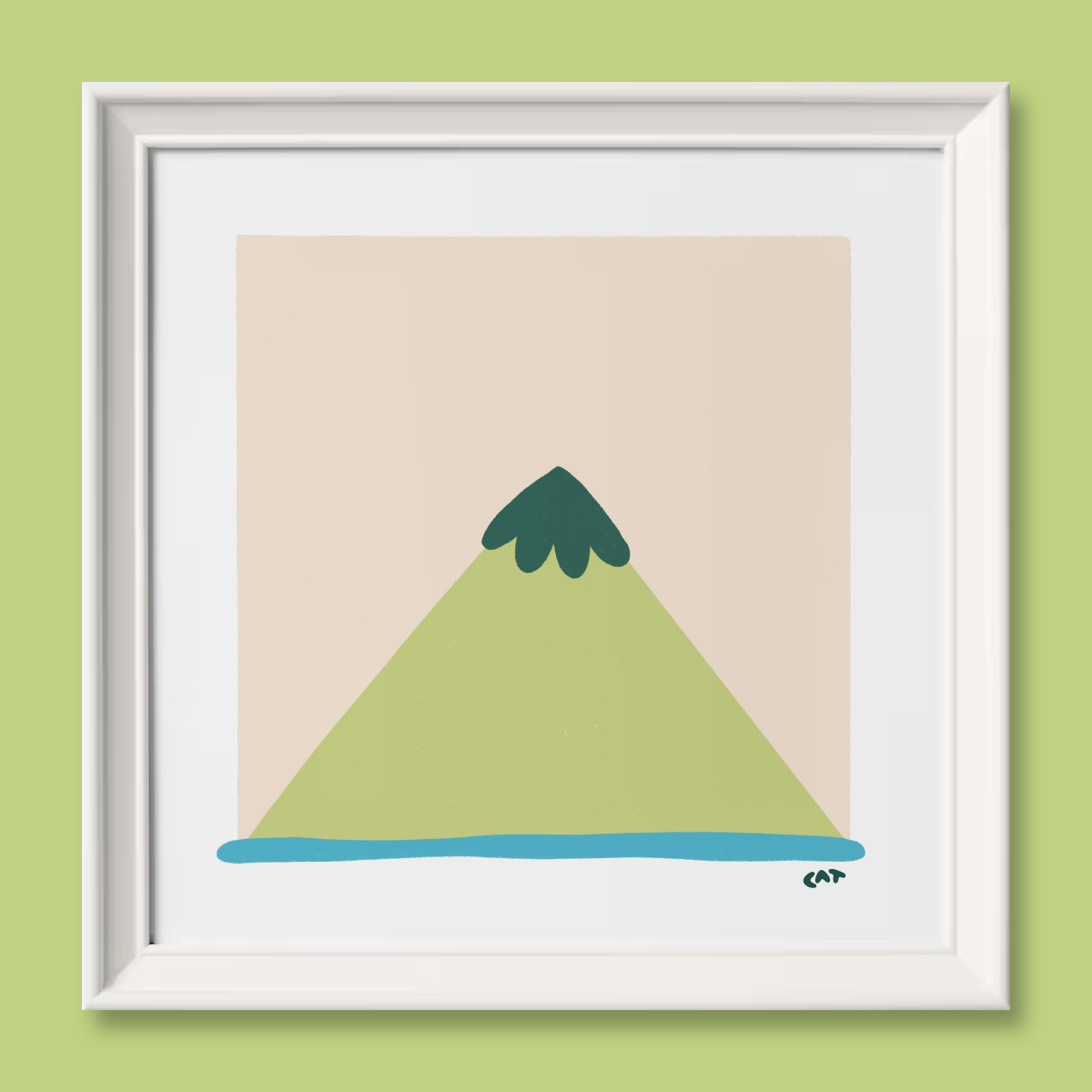White unframed print of a beige square with a green triangle that looks like a mountain, sitting on top of a blue line.