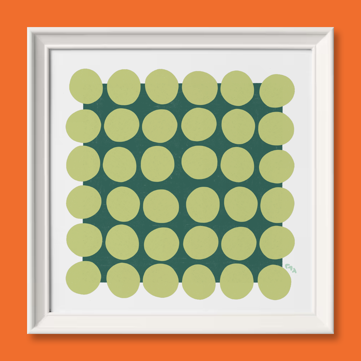 White framed print of a dark green square with a grid of light green polka dots on top.