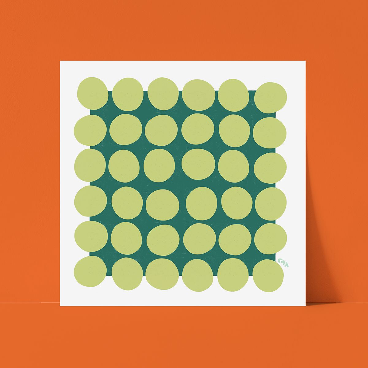 White unframed print of a dark green square with a grid of light green polka dots on top.
