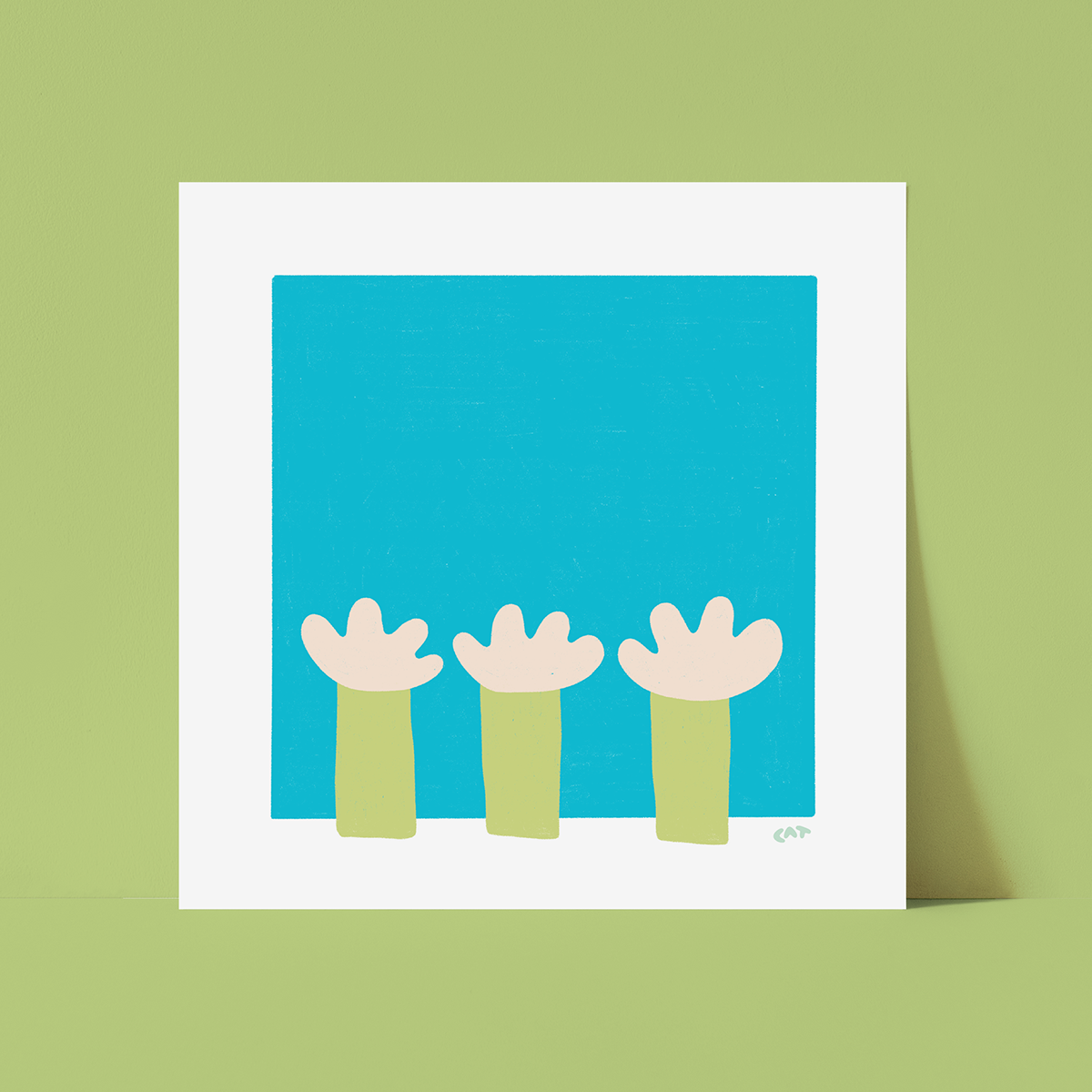 White unframed print of a blue square with green garden hose shapes on top of the square.