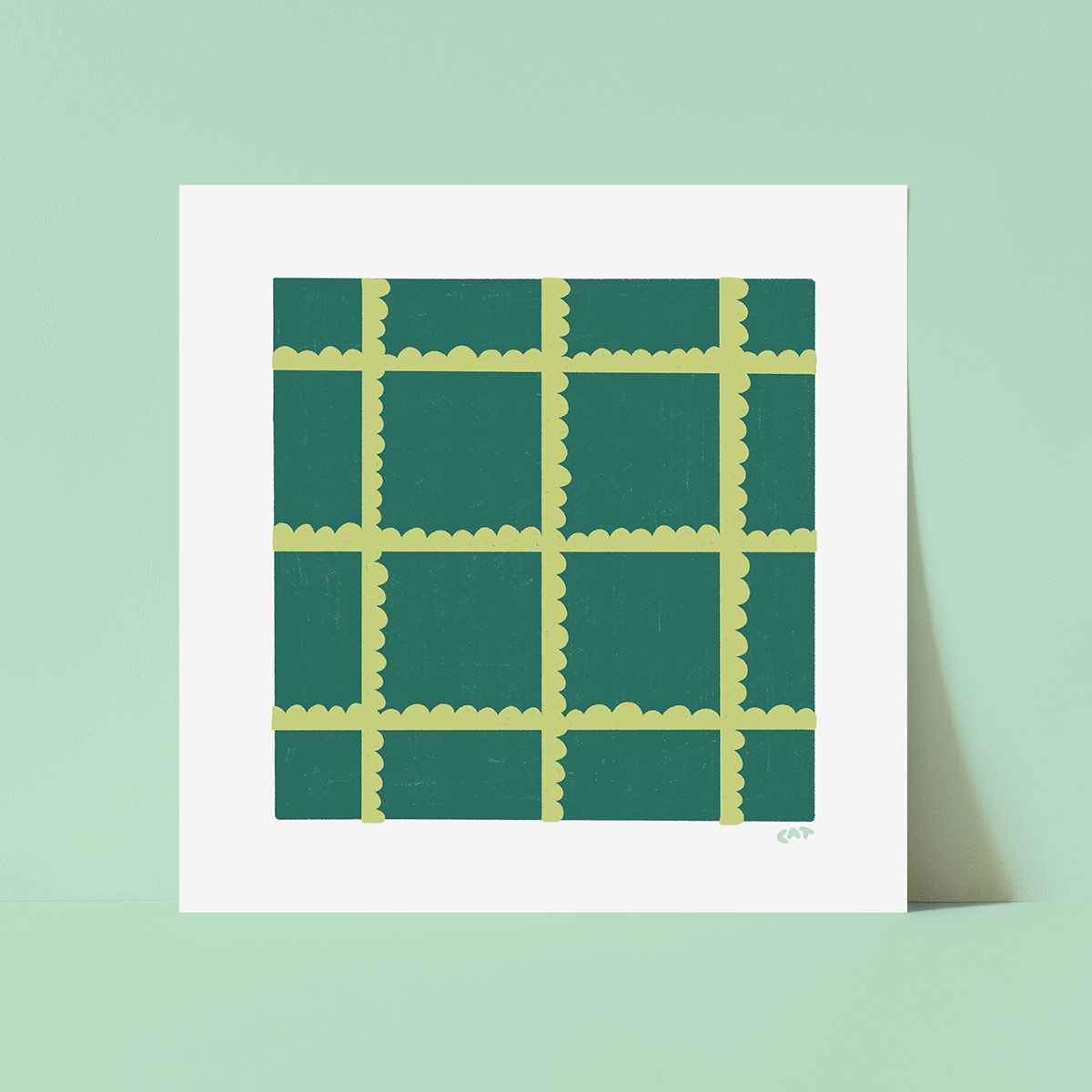 White unframed print of a dark green square with light green ruffles arranged in a grid.