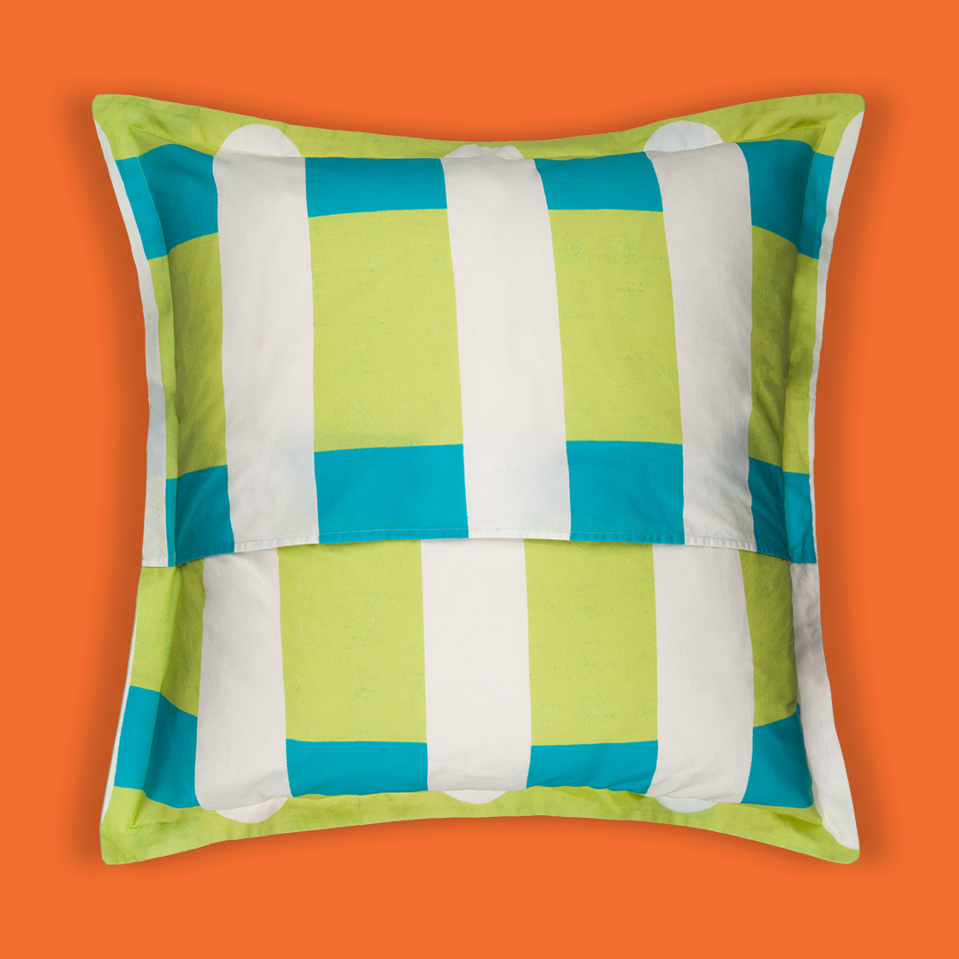 Back print of the pillowcase with green and blue plaid stripes.