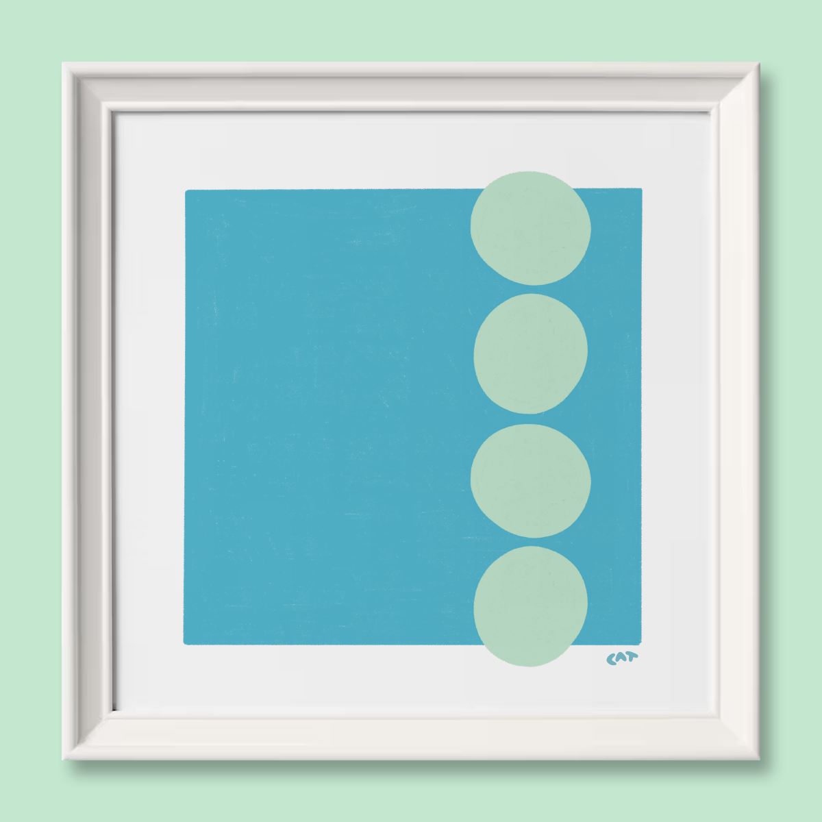 White framed print of a medium blue square with four light blue circles lined up vertically on the right side of the medium blue square.