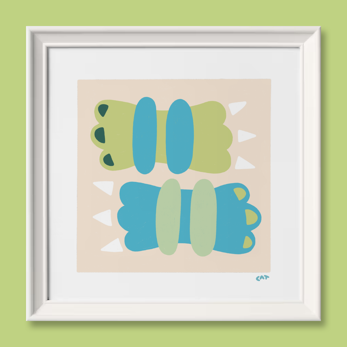 White framed print of two claw like shapes in shades of green and blue. Each claw like shape has pointed white toenails and all the shapes sit on top of a beige square.