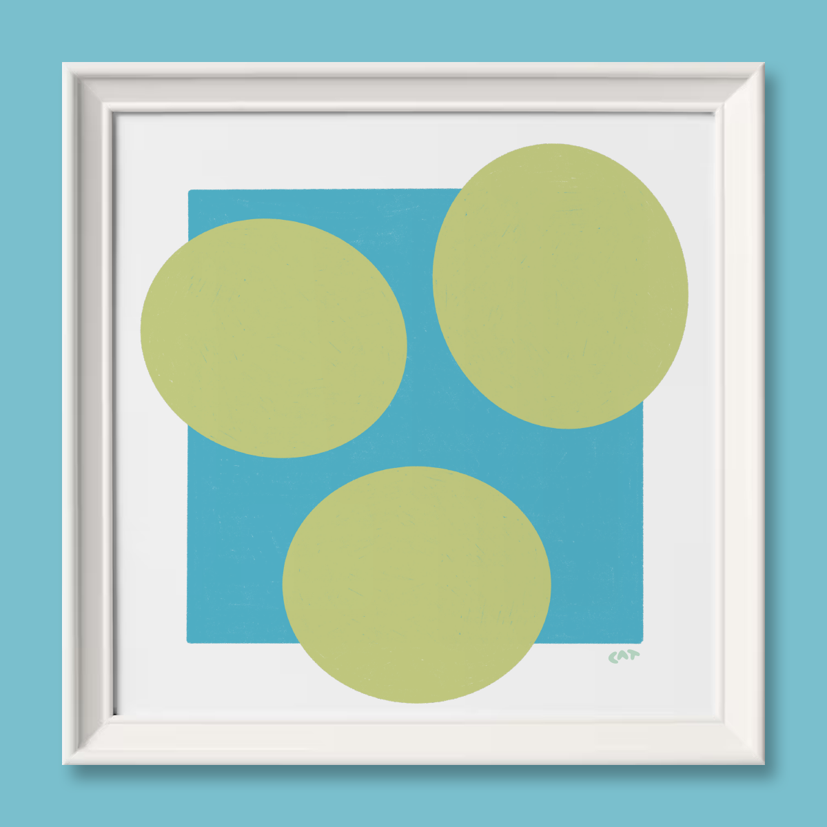 Framed art print of a blue rectangle with three green polka dots. The frame is white.