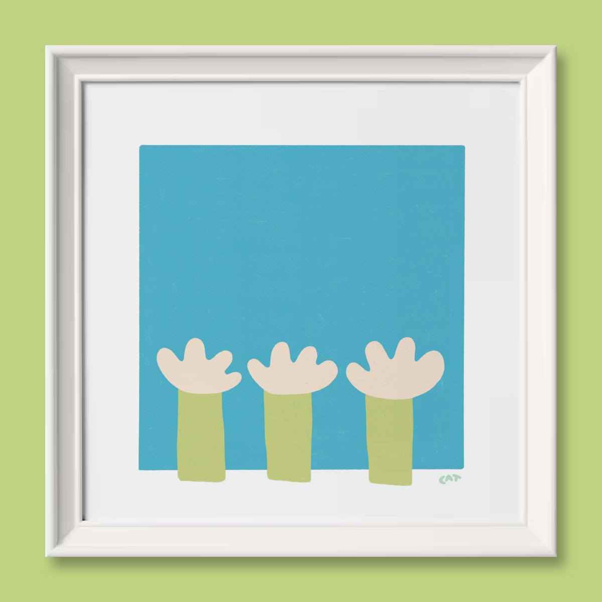 White framed print of a blue square with green garden hose shapes on top of the square.