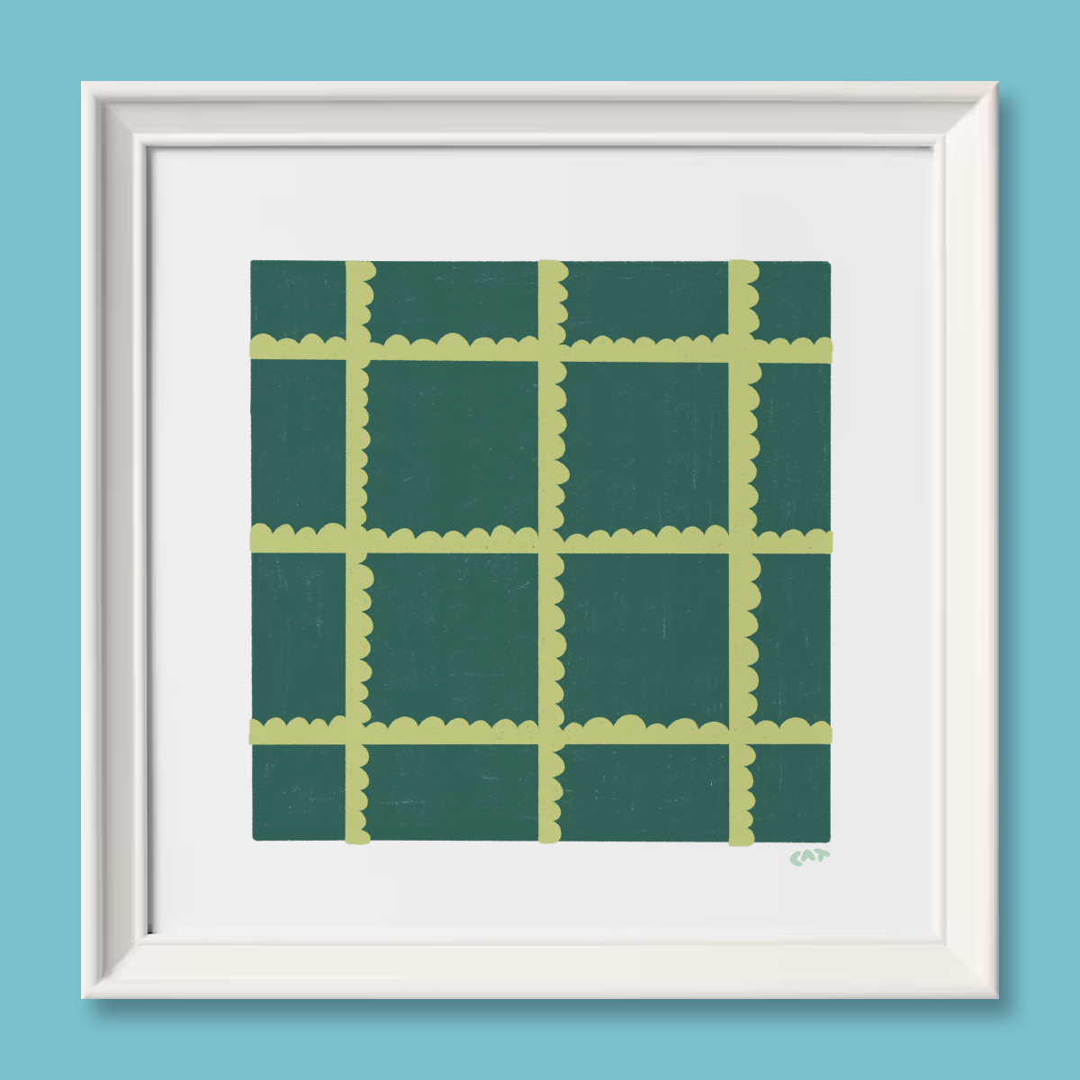 White framed print of a dark green square with light green ruffles arranged in a grid.