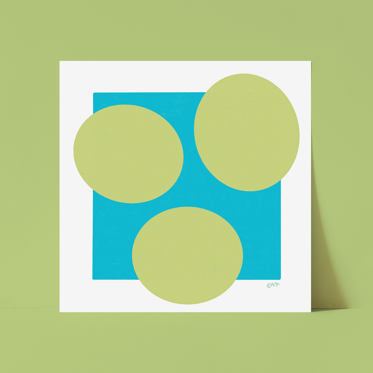 Unframed print of a blue rectangle with three green polka dots.