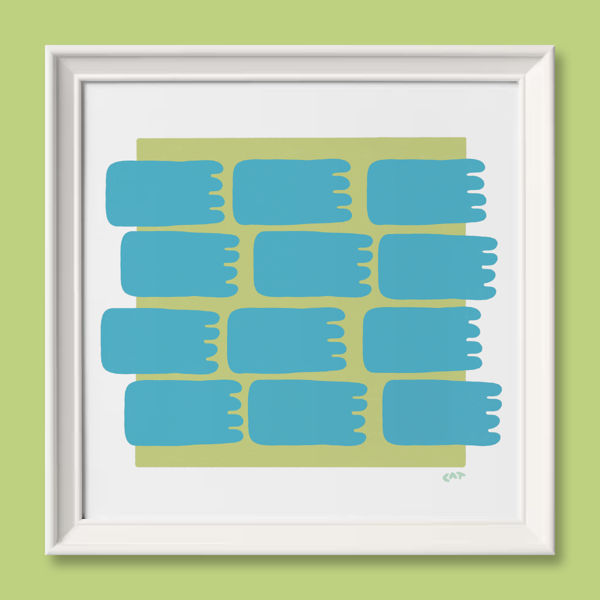 White framed print of a green square with blue squid like shapes floating on top.