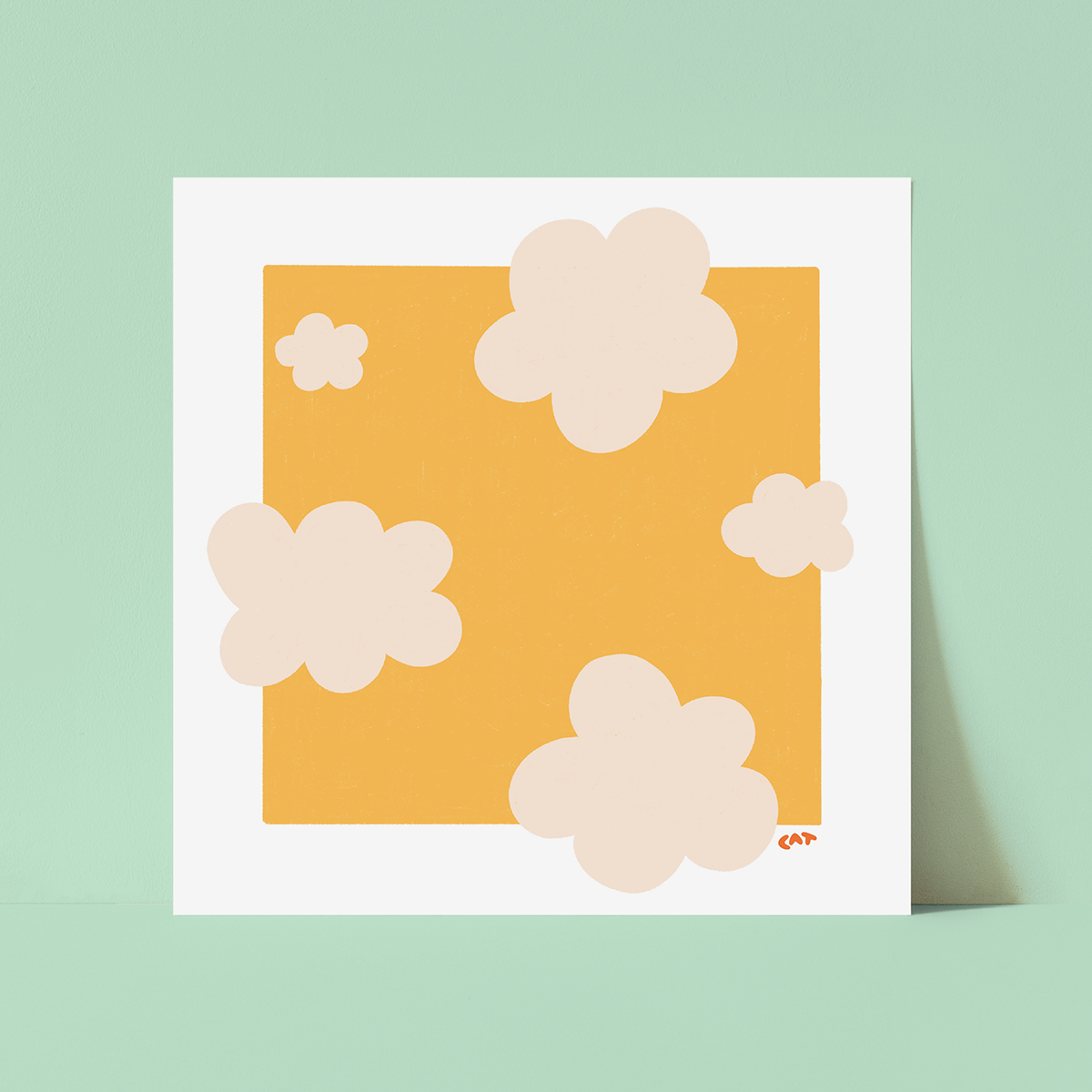 Unframed print of a yellow rectangle with beige beige fluffy shapes on top.