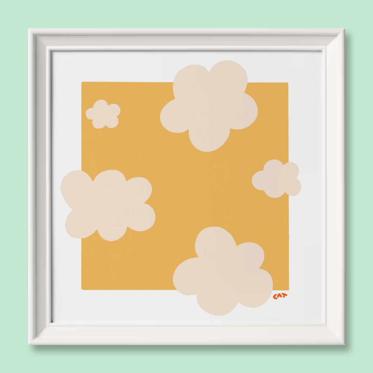 Framed print of a yellow rectangle with beige fluffy shapes.