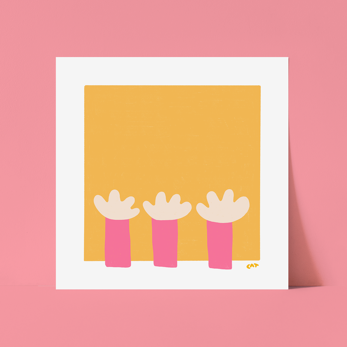 White unframed print of a yellow square with pink and white flower like objects.