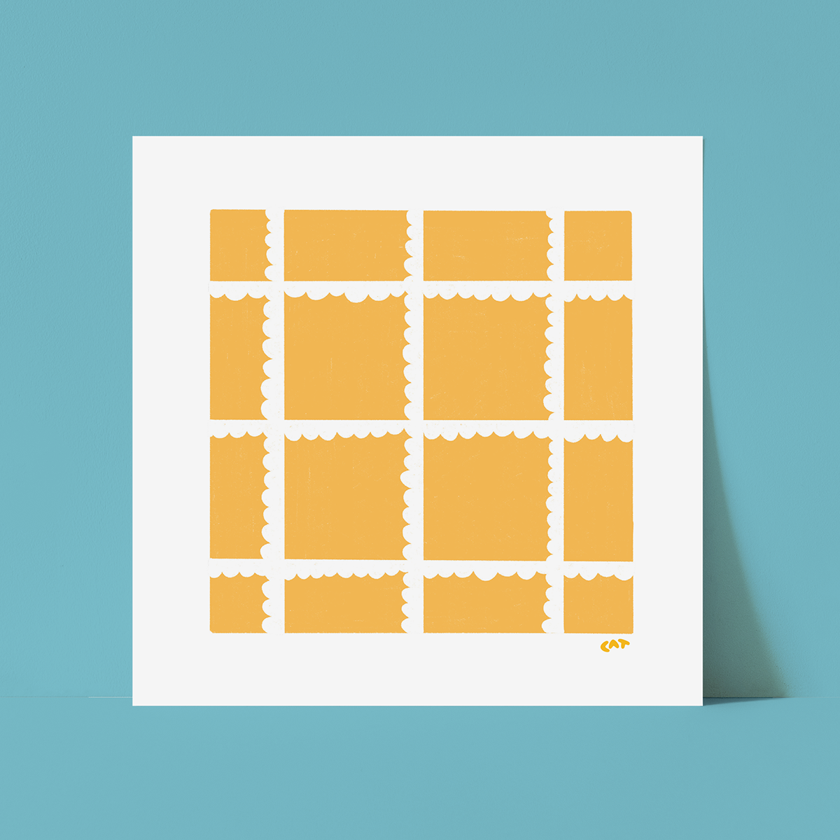 White unframed print of a yellow square with white ruffles laid out in a grid composition.