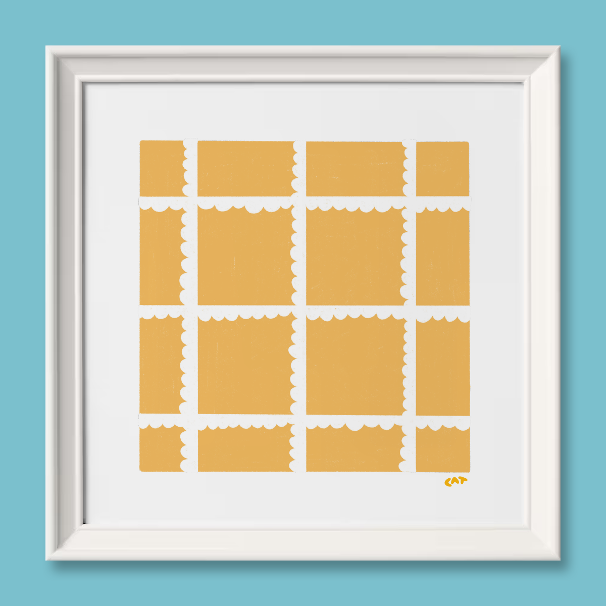 White framed print of a yellow square with white ruffles laid out in a grid composition.
